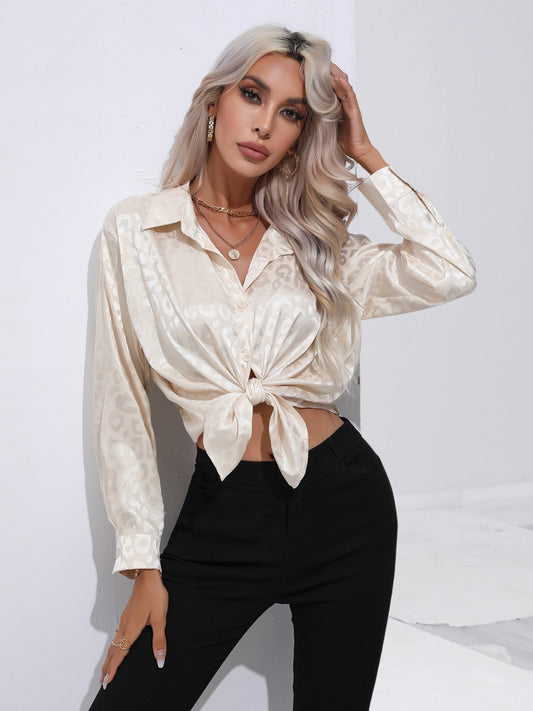 Leopard Collared Neck Long Sleeve Shirt - felvior
