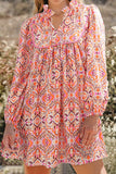 Printed Tie Neck Long Sleeve Mini Dress - felvior