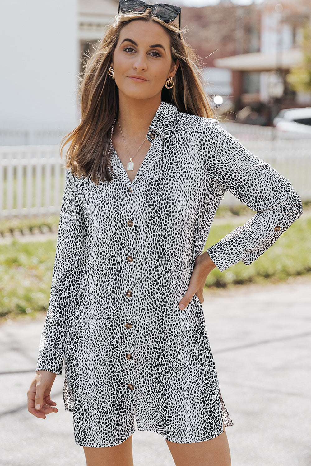 Printed Collared Neck Slit Mini Dress - felvior