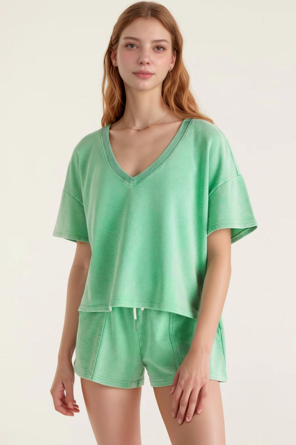 V-Neck Short Sleeve Loose Top and Drawstring Shorts Set