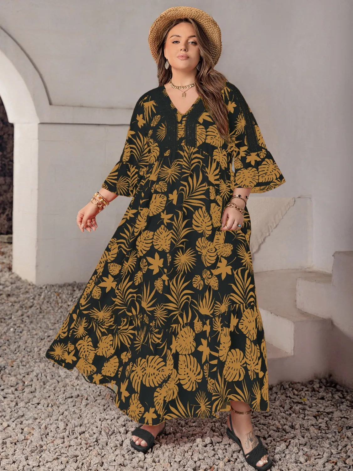 Plus Size Lace Detail Tropical Print Three-Quarter Sleeve Maxi Dress