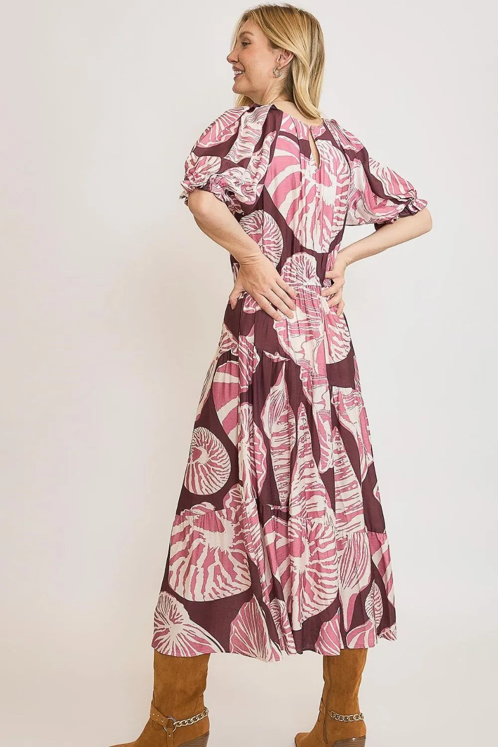 Umgee Full Size Printed Notched Puff Sleeve Midi Dress Plus Size