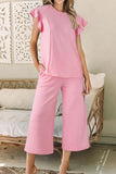 Textured Pearled Ruffled Sleeve Top and Wide Leg Pants Set - felvior