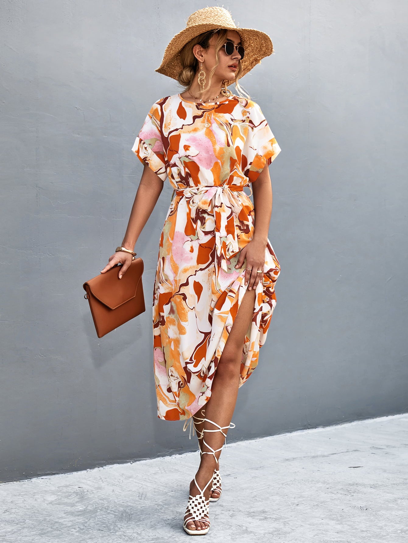 Round Neck Short Sleeve Tie Waist Midi Dress - felvior