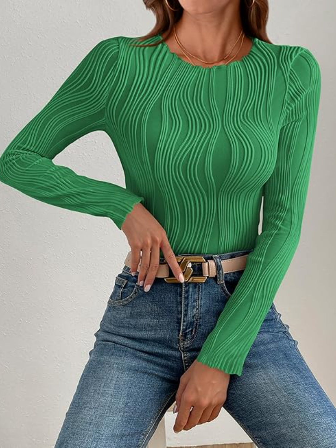 Textured Round Neck Long Sleeve Top - felvior