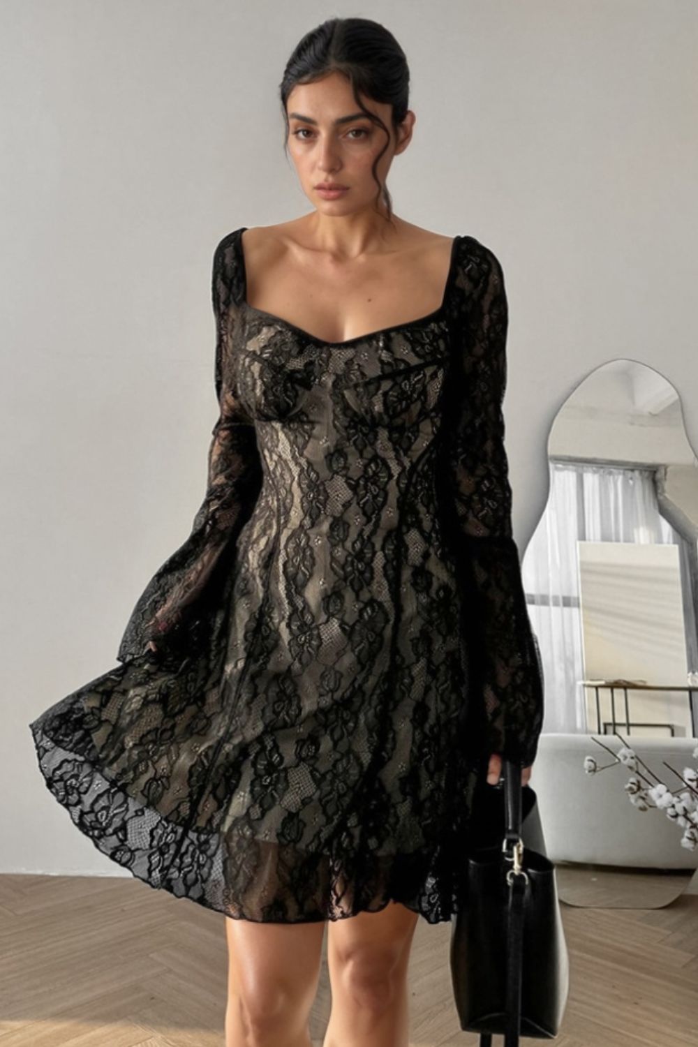 Lace Sweetheart Neck Flare Sleeve Mini Dress