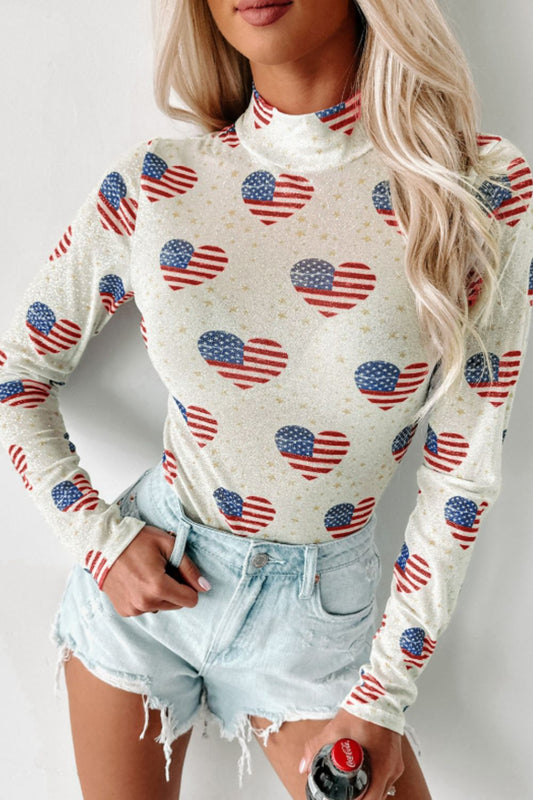 US Flag Heart Mock Neck Long Sleeve Bodysuit - felvior