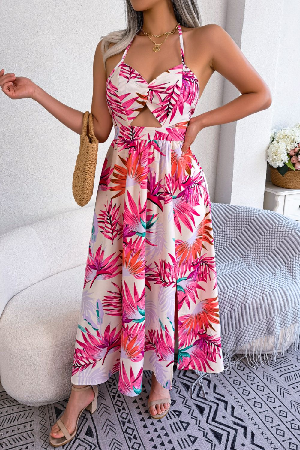 Botanical Print Tied Backless Cutout Slit Dress - felvior