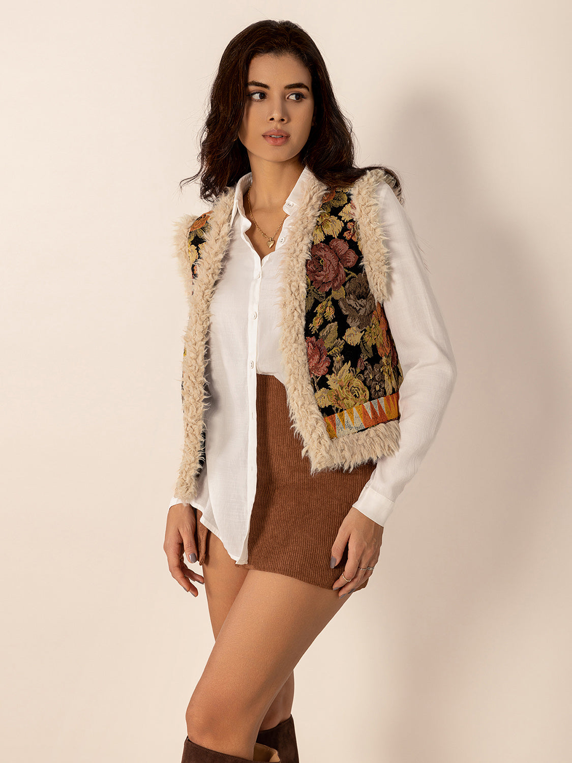 Embroidered Fuzzy Trim Open Front Vest Coat - felvior