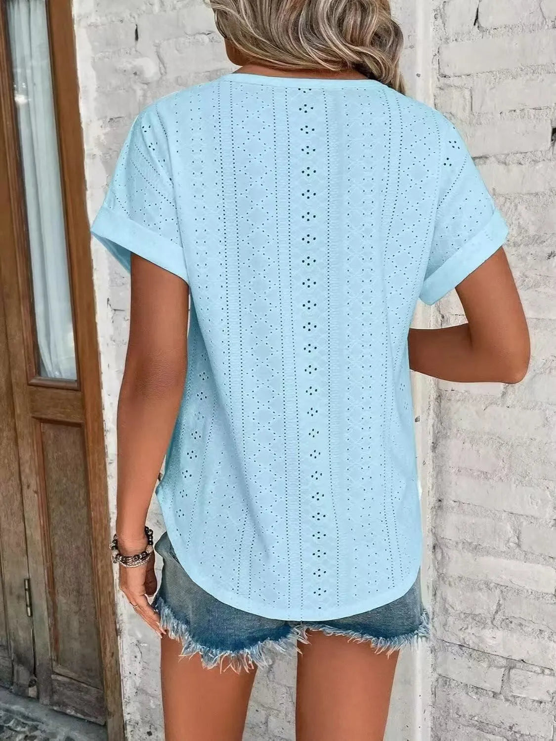 Eyelet Round Neck Short Sleeve Top