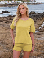 Round Neck Short Sleeve Top and Shorts Sweater Set