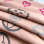 Alt Tag: raw hem polyester scarf in blush pink with heart and peace sign print, lightweight imported 1-piece polyester fiber