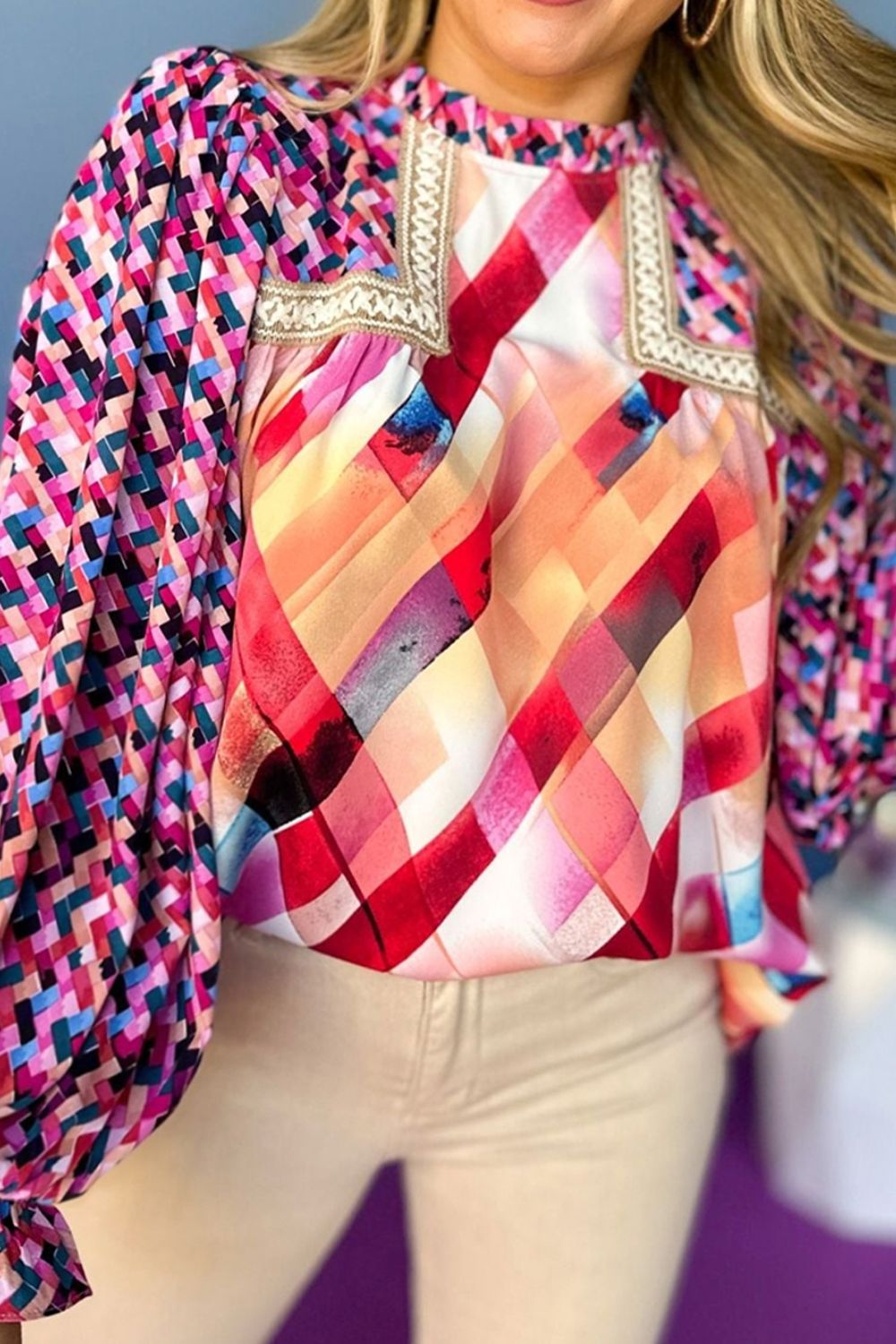 Abstract Geometric Pattern Flounce Sleeve Blouse - felvior
