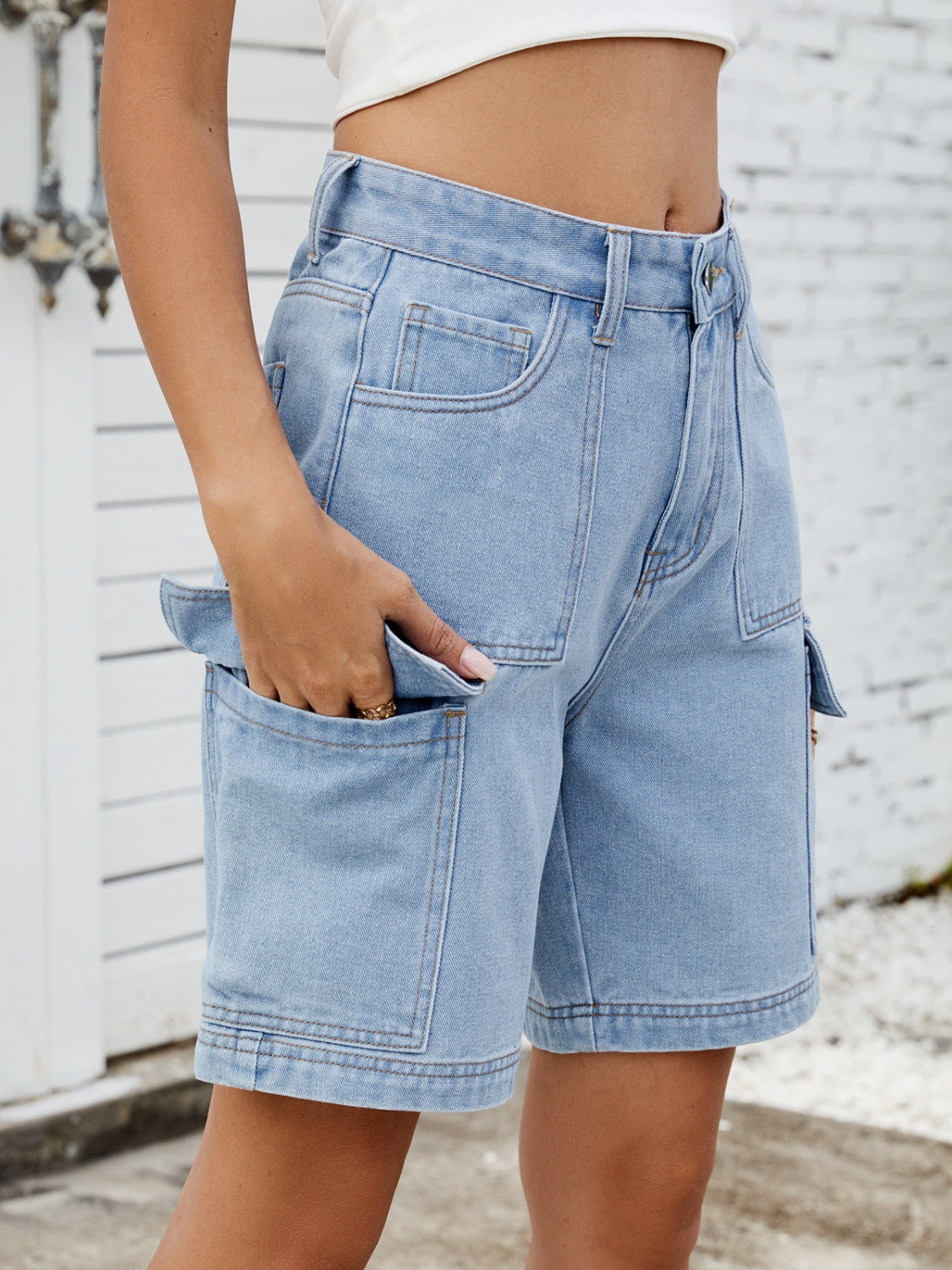 High Waist Denim Shorts with Cargo Pockets - felvior