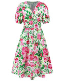 Ruched Printed Surplice Short Sleeve Dress - felvior