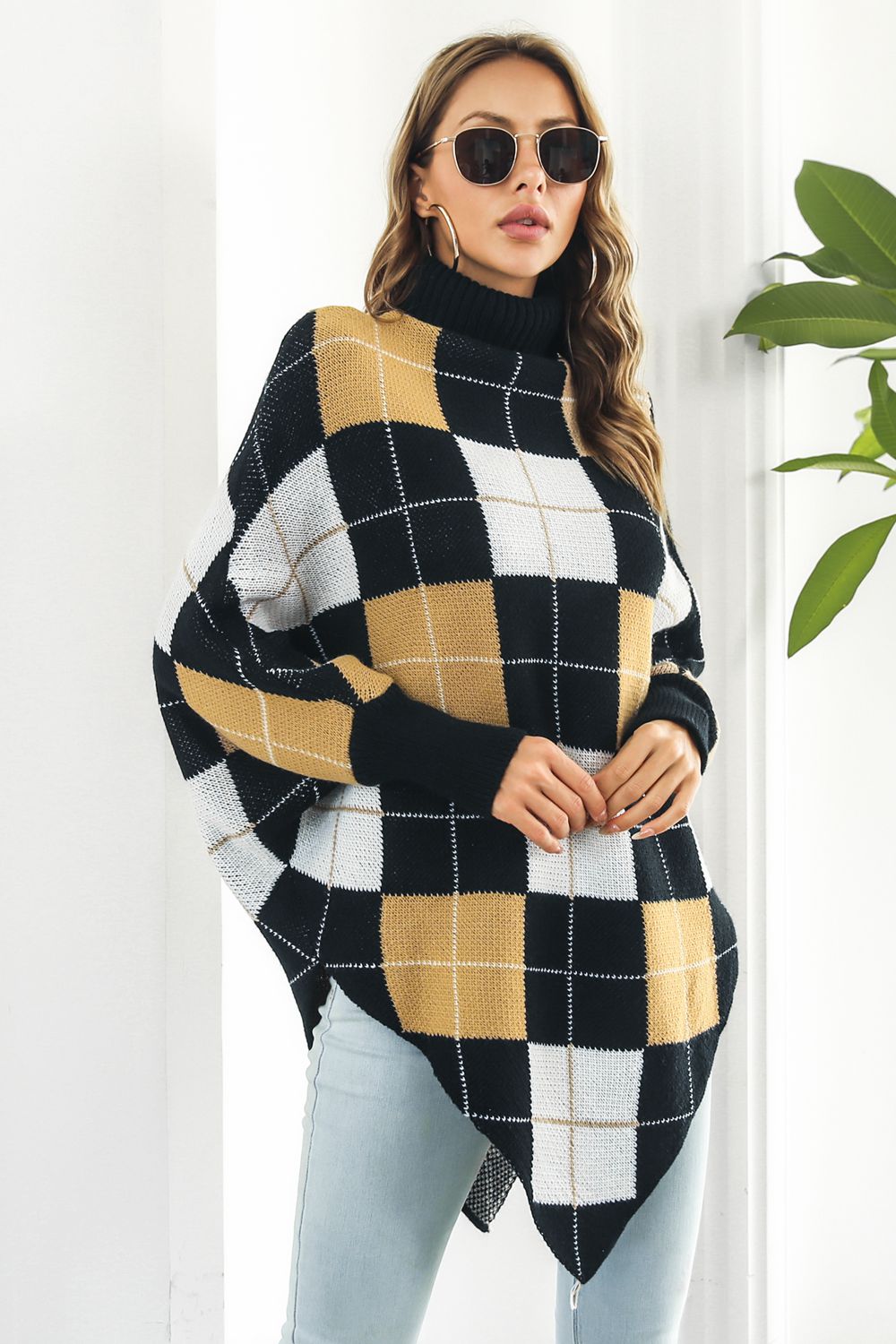 Plaid Turtleneck Dolman Sleeve Poncho - felvior