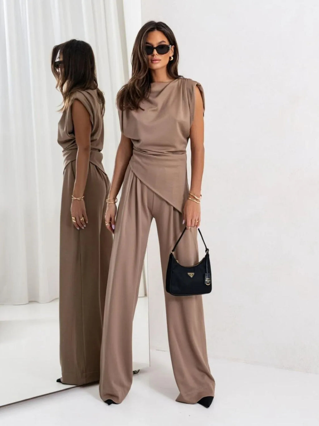Slit Ruched Top and Wide Leg Pants Set