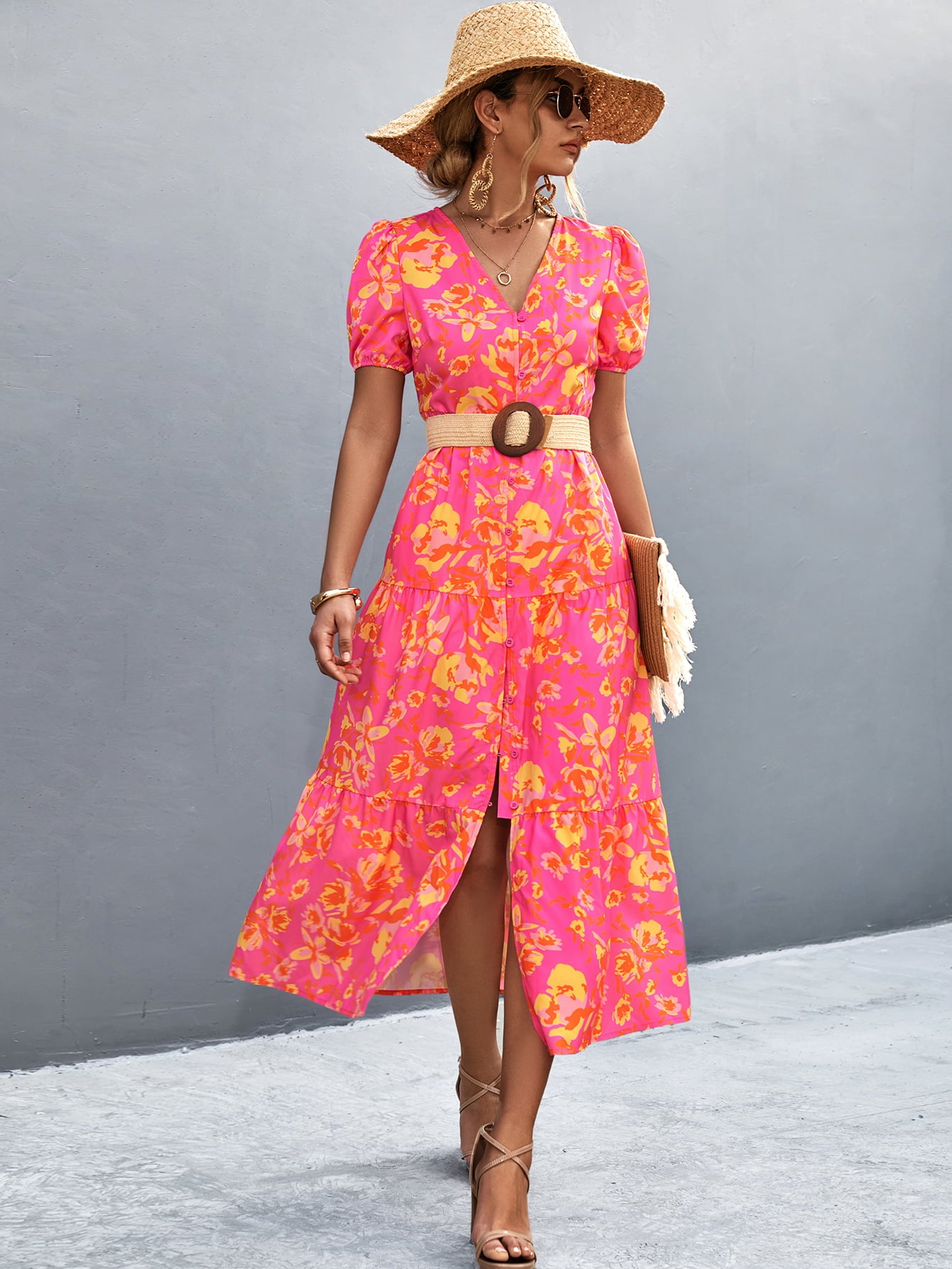 V-Neck Short Sleeve High Slit Midi Dress - felvior