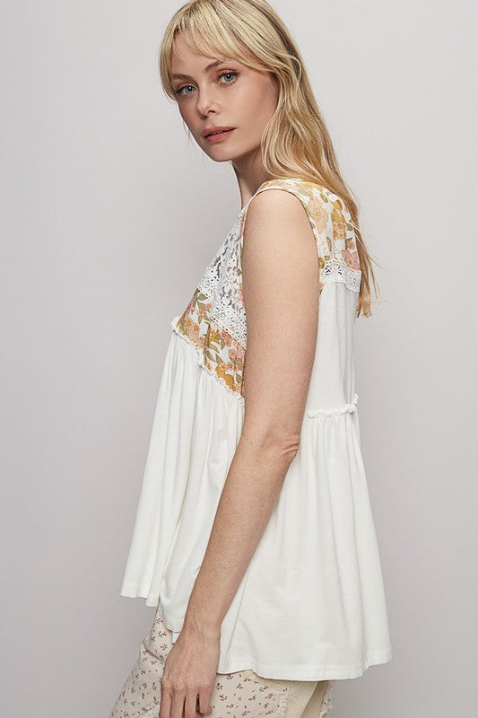 POL Lace Detail Frill Floral V-Neck Sleeveless Top - felvior