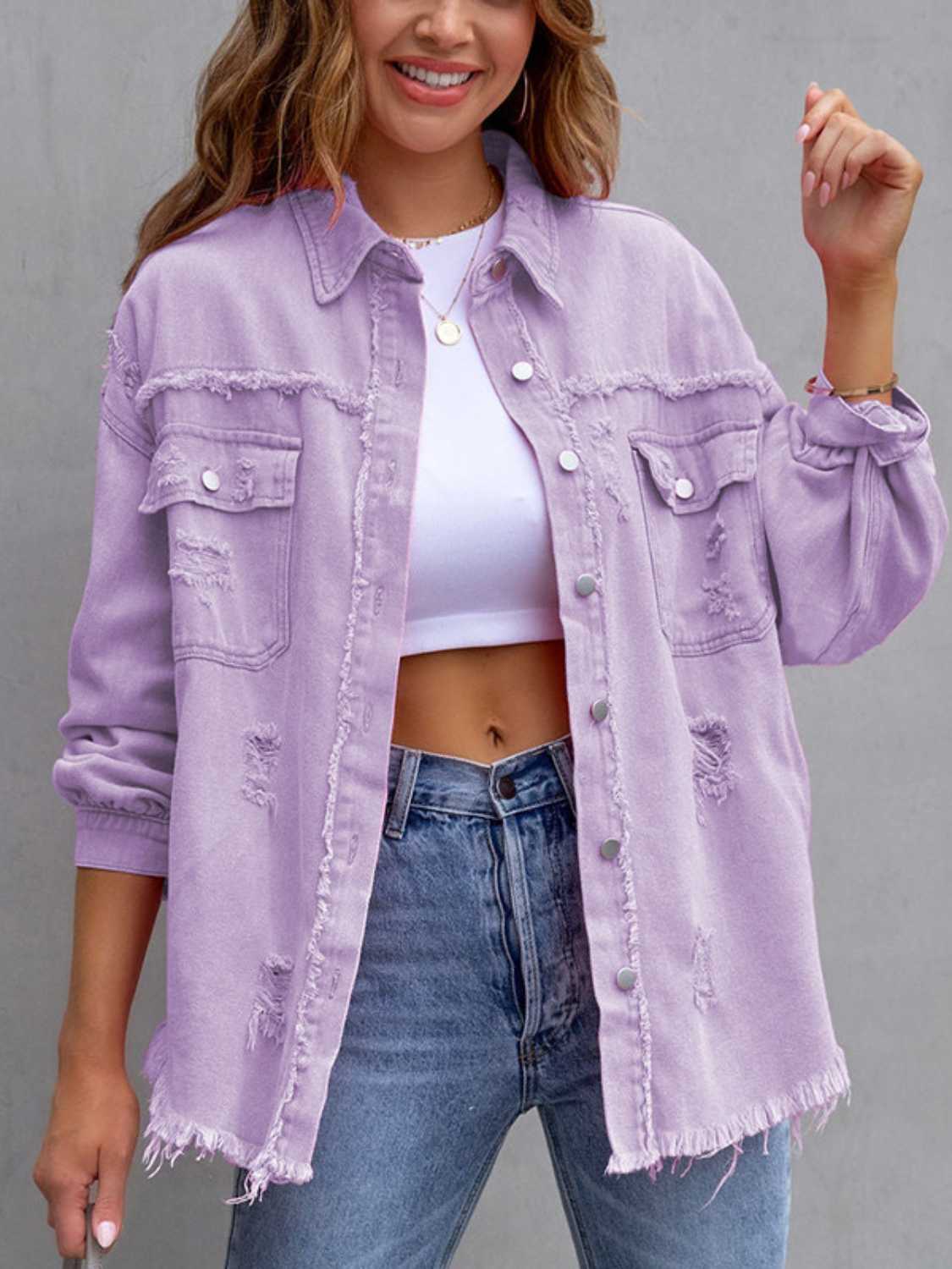 Distressed Drop Shoulder Denim Jacket - felvior