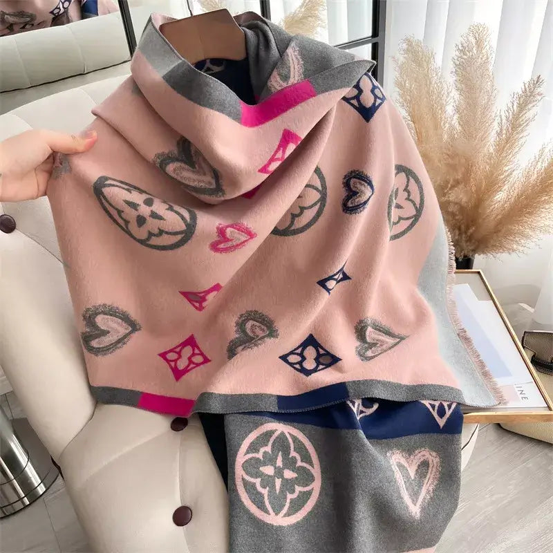 raw hem polyester scarf with heart pattern, soft pink and gray wrap draped on hanger for women