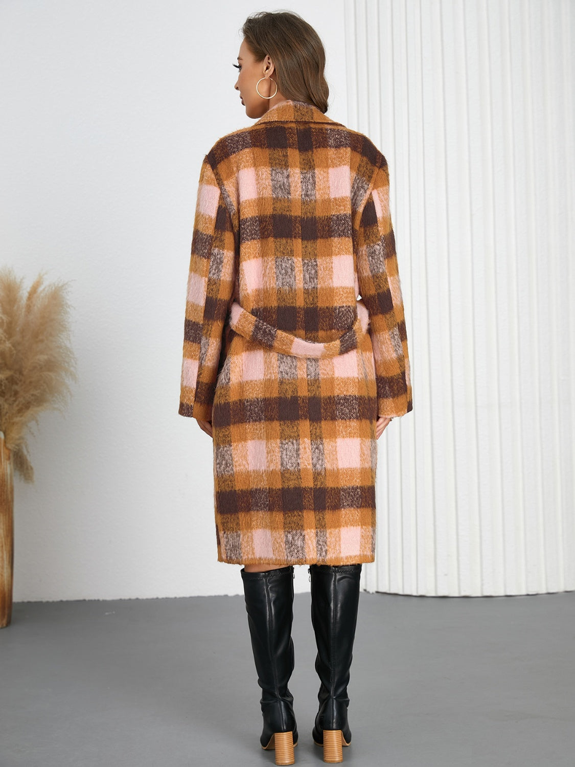 Tied Plaid Collared Neck Coat - felvior