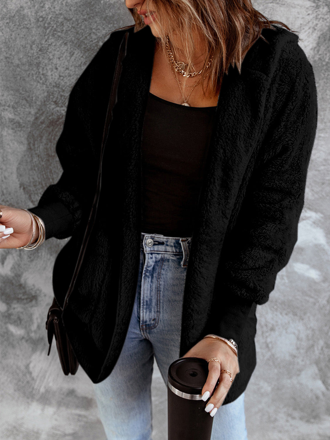 Open Front Hooded Faux Fur Outwear with Pockets - felvior