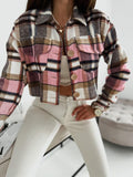 Pocketed Collared Neck Long Sleeve Plaid Jacket - felvior