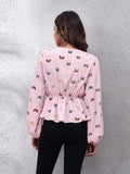 Butterfly V-Neck Balloon Sleeve Peplum Blouse - felvior