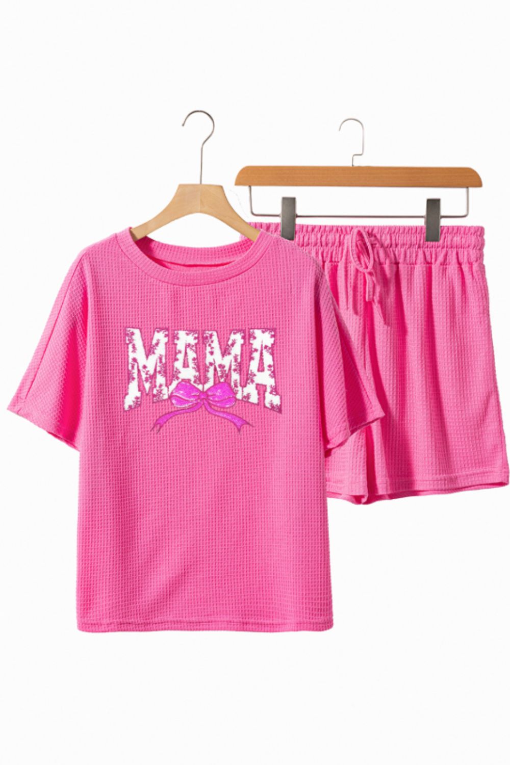 Waffle Sequin Floral MAMA Bow Graphic Top and Shorts Set