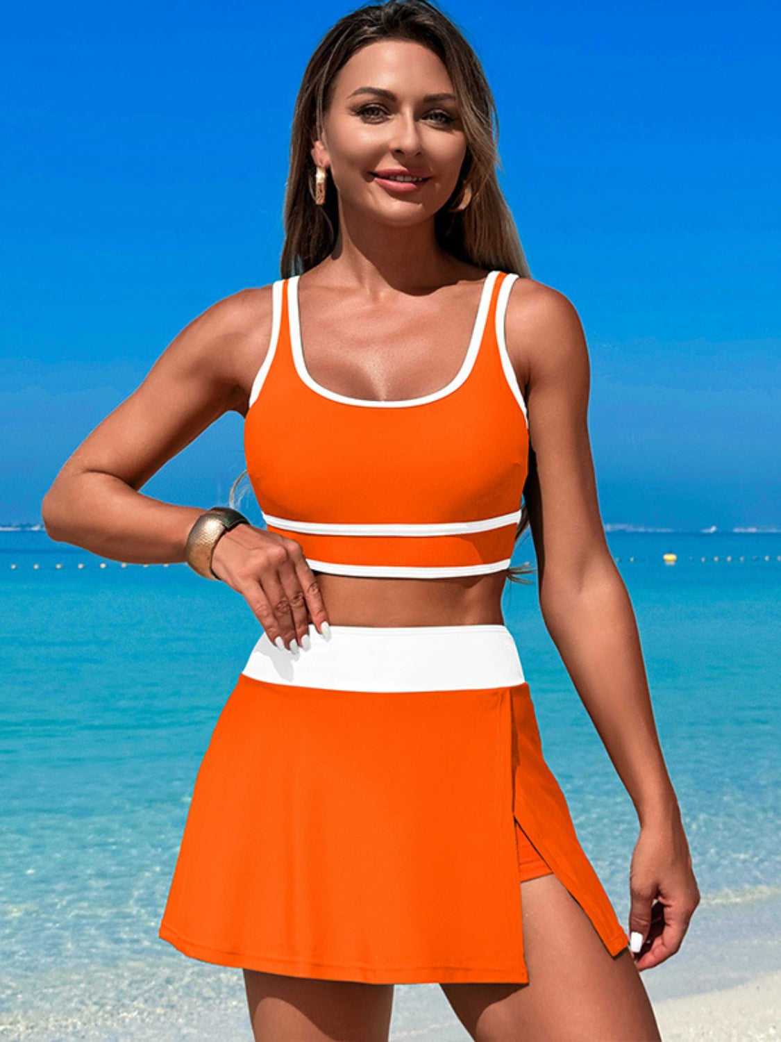 Scoop Neck Top and Skort Swim Set - felvior