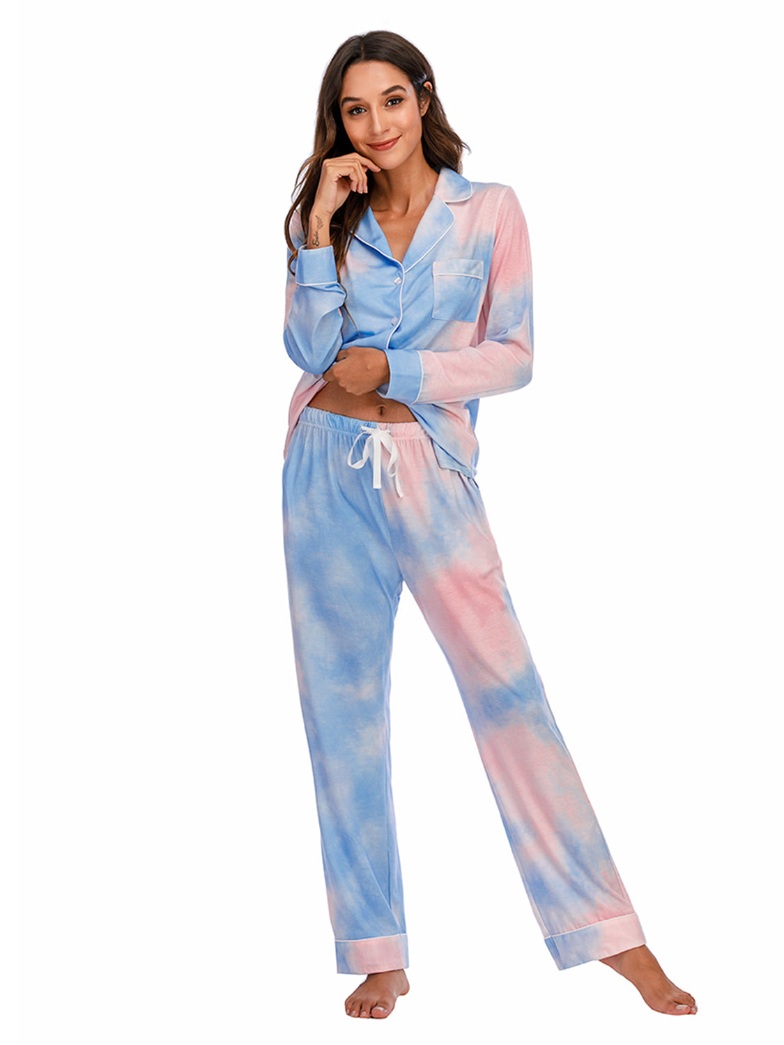 Collared Neck Long Sleeve Loungewear Set with Pockets - felvior