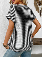 Striped Notched Short Sleeve T-Shirt
