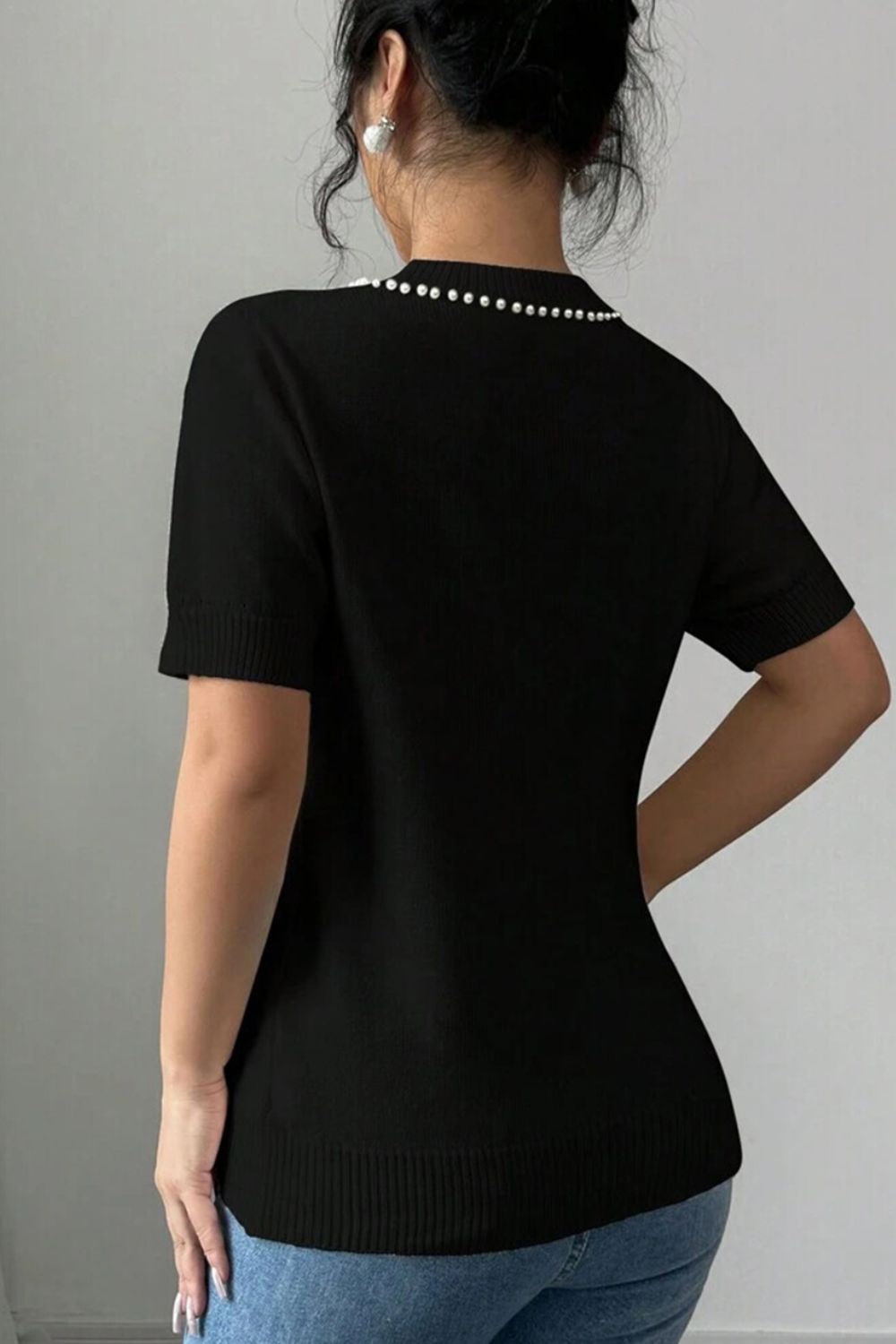 Pearl Bow Necklace Embellished Short Sleeve Knit Top - felvior