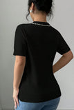 Pearl Bow Necklace Embellished Short Sleeve Knit Top - felvior