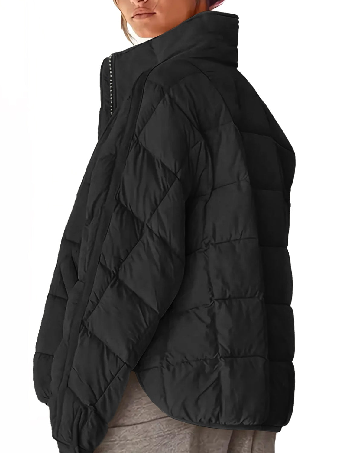 Pocketed Plaid Quilted Zip Up Winter Coat - felvior