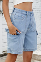 High Rise Denim Shorts with Cargo Pockets