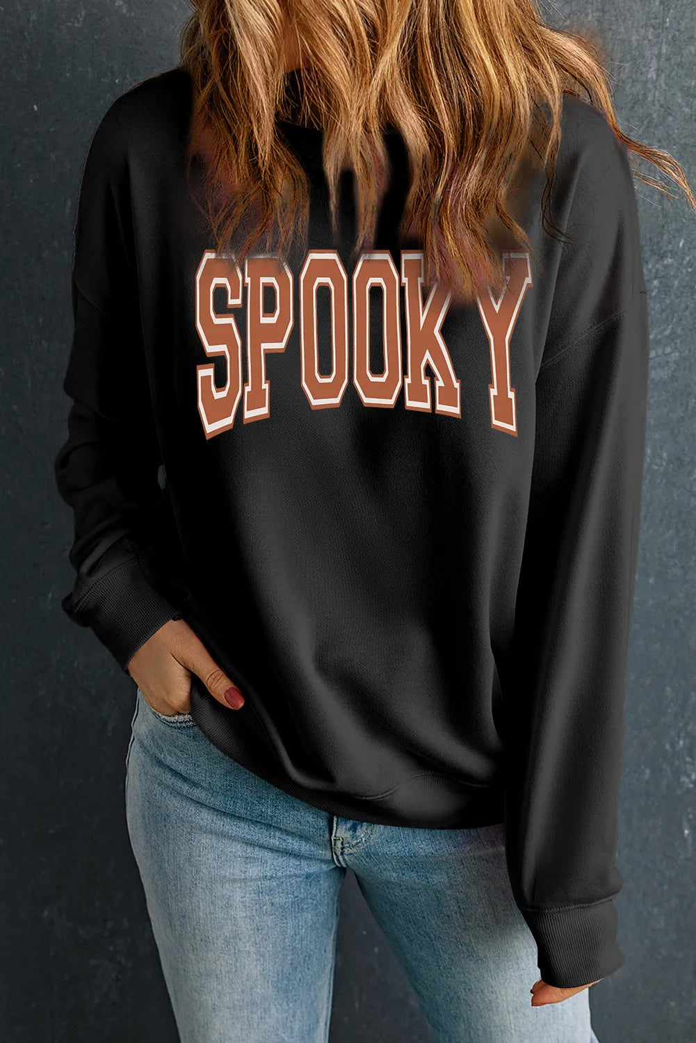 SPOOKY Round Neck Long Sleeve Sweatshirt - felvior