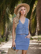 Openwork V-Neck Top and Skirt Knit Cover Up Set