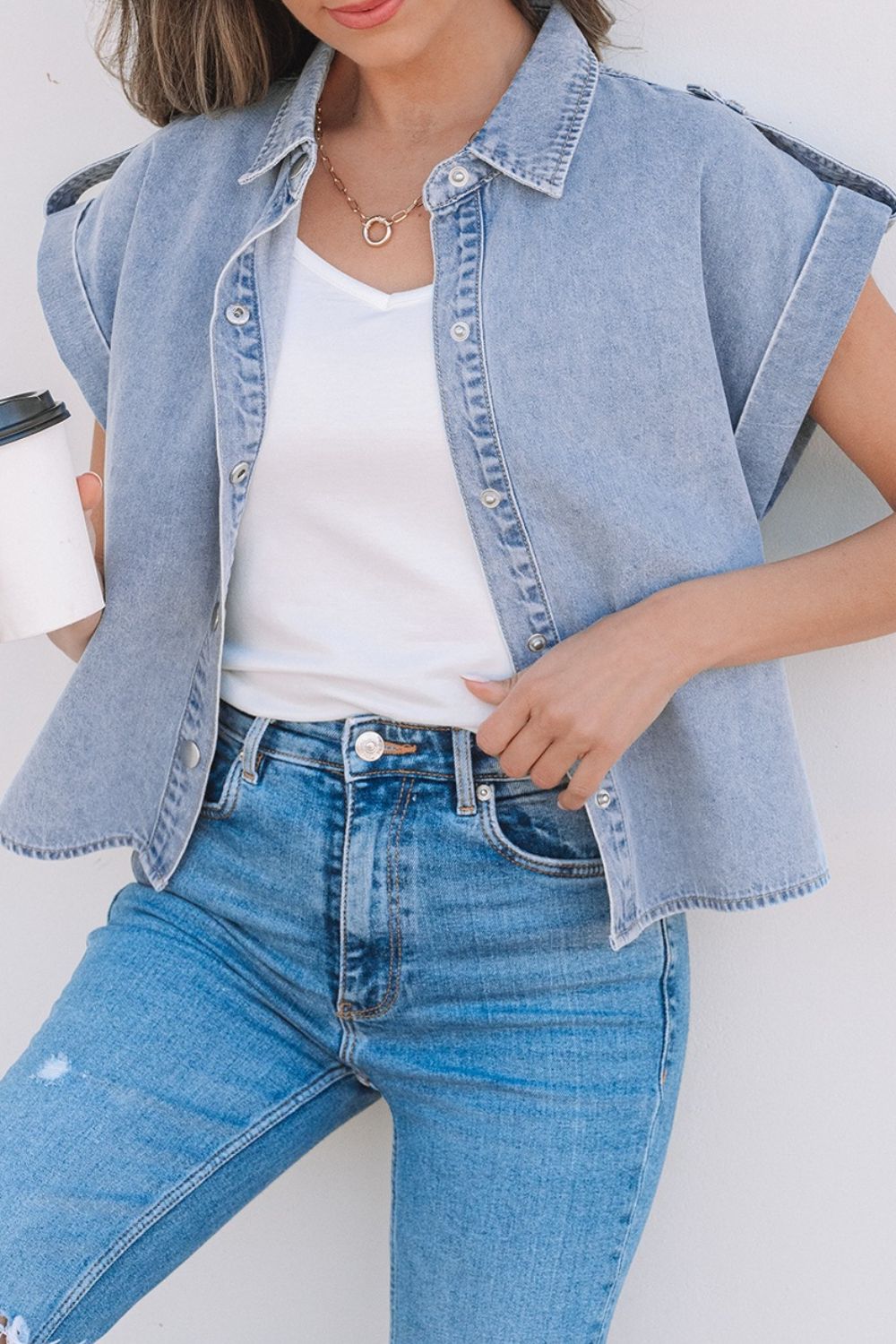 Snap Down Cap Sleeve Denim Top - felvior
