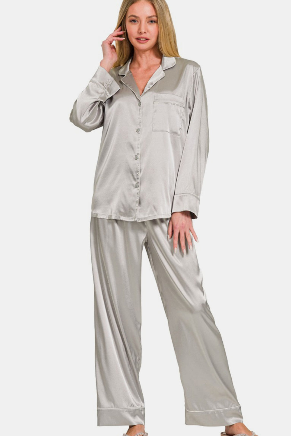 Zenana Satin Long Sleeve Shirt and Pants Pajama Set Zweitbild