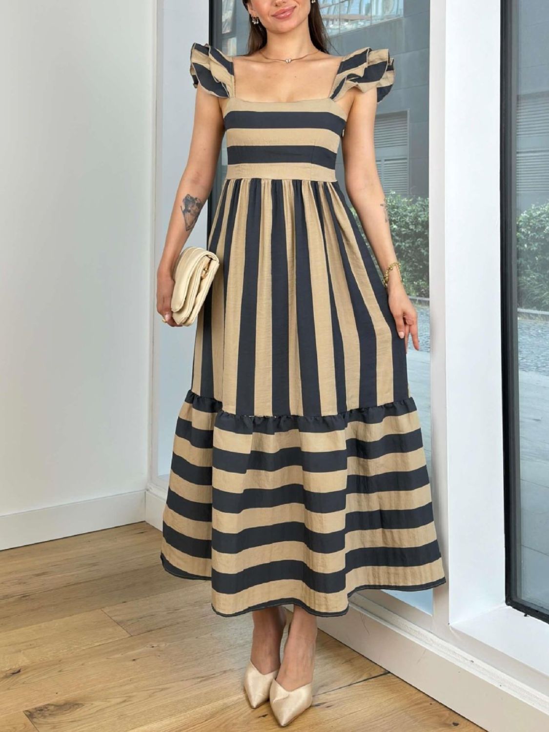 Smocked Striped Square Neck Cap Sleeve Dress - felvior