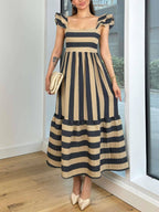 Smocked Striped Square Neck Cap Sleeve Dress