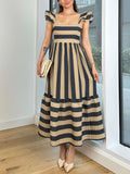 Smocked Striped Square Neck Cap Sleeve Dress - felvior