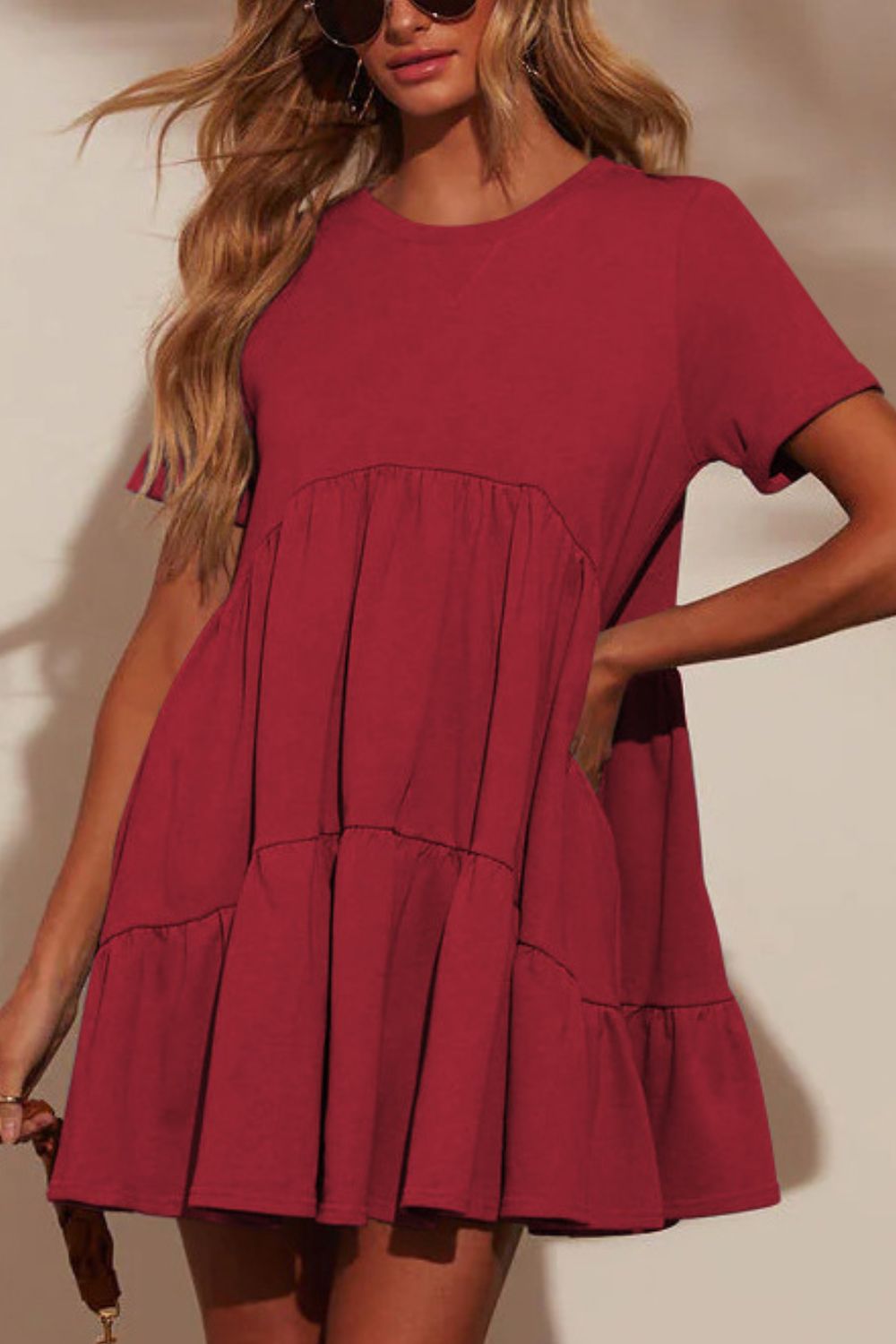 Tiered Round Neck Short Sleeve Mini Dress - felvior