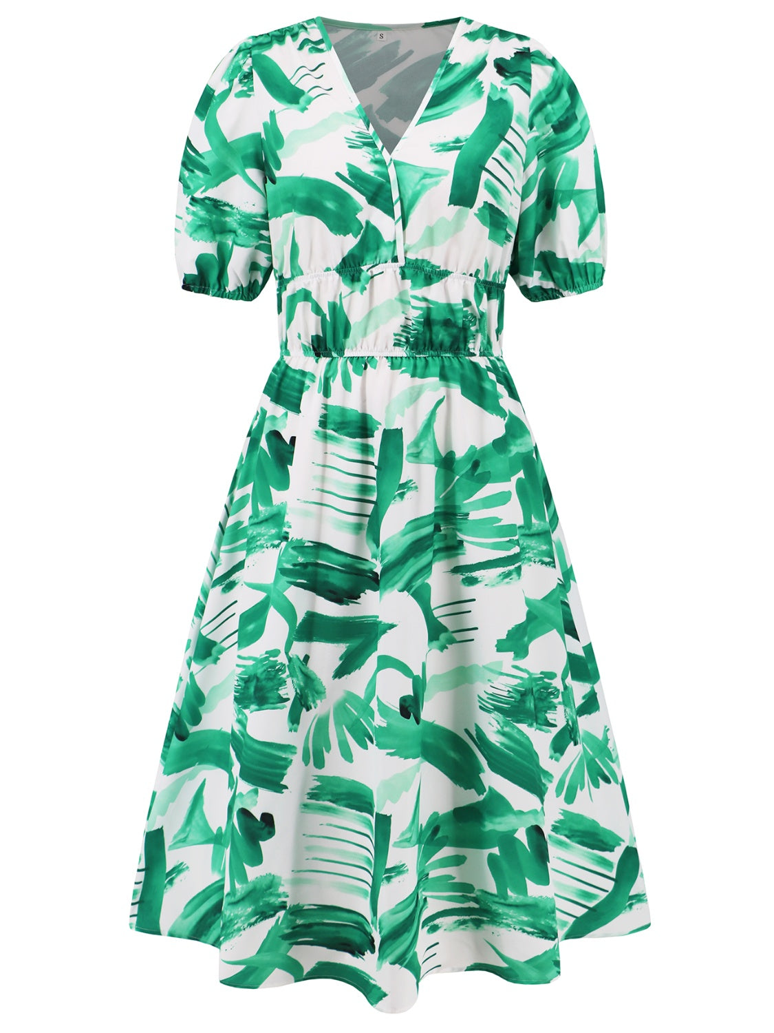 Ruched Printed Surplice Short Sleeve Dress - felvior
