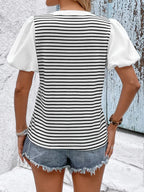 Striped Notched Short Sleeve T-Shirt