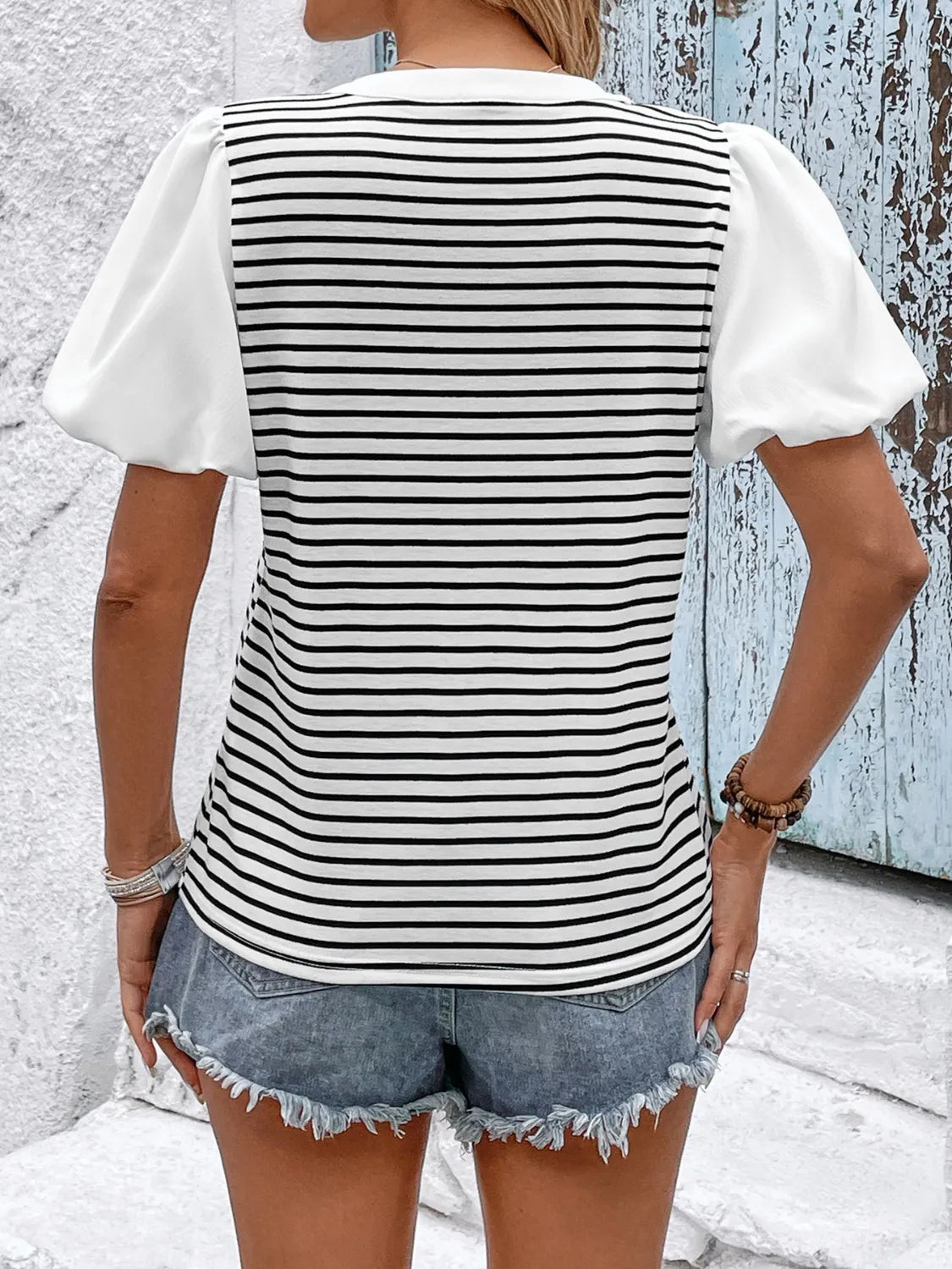 Striped Notched Short Sleeve T-Shirt
