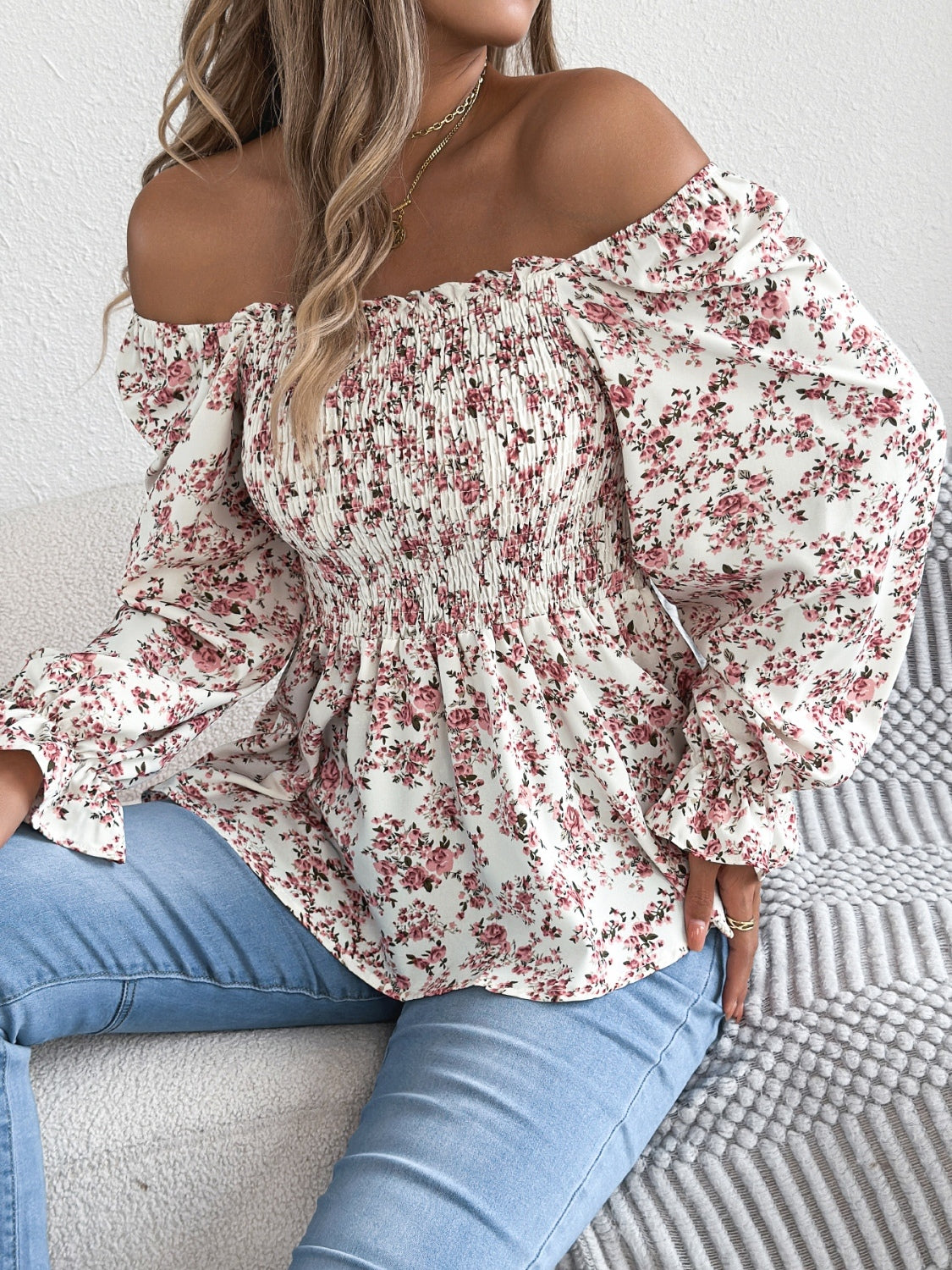 Floral Square Neck Flounce Sleeve Blouse