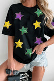 Sequin Stars Patched Round Neck T-Shirt
